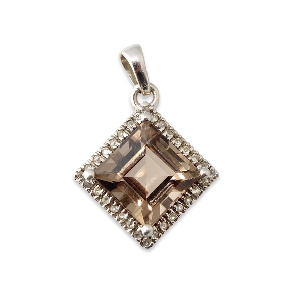Estate Smoky Quartz Sterling Silver Pendant White Topaz Halo Square Step Cut - Picture 1 of 5